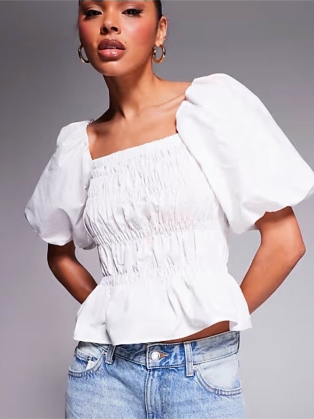 Astr The Label White Smocked Puff Sleeve Top